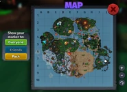 All event minigames locations marked as the "!?" icon, colored gift icons, and snowball icon on the map