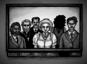Picture of the former members/"mouths" of Sevenmouth, with Abigail Delacroix in the centre.