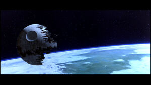 The Death Star II in orbit around the Forest Moon. Even if the station wasn't around the size of our moon, it would still be enough to cause a worldwide catastrophe.