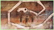Art pariétal représentant Long Horse encerclant un groupe de personnes pour les protéger