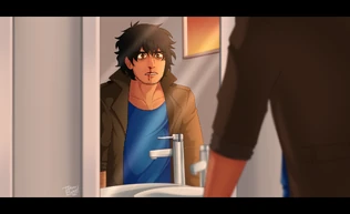 Rodrigo staring at himself in the mirror. Picture by Trashy-Blaze.