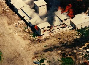 The Mount Carmel Center engulfed in flames on April 19, 1993