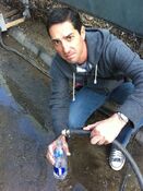 "Paget once ‘demanded’ that I hold her water during a BAU round Table scene. I went outside, took this picture and texted it to her. She never asked me to hold anything for her again." Krish Ribeiro Twitter February 10, 2011