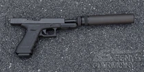 A Glock 17 with the slide retracted and a suppressor attached.