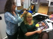 "Kirsten and hair dept. head @lindadeandrea beginning the transformation of @Vangsness to Garcia" CM Writers Twitter July 13, 2011