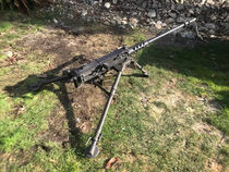 An M2HB in a field by a rock wall.