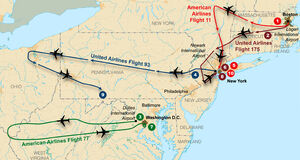 Flight paths of hijacked planes-September 11 attacks