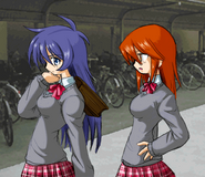 In the second board of Towa's arcade mode ending, she and Himeno are dressed as schoolgirls and currently talking to each other about the aftermath of a disastrous Irregular incident.