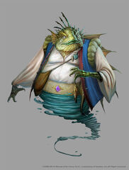 A digital illustration of a water genie with a fish-like face, webbed hands, and a swirling water lower body, wearing elaborate clothing with a purple gemstone on its belt.