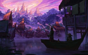 Official art of the docks of Stilben, with the  in the background, by&nbsp;