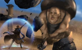 Fan art of '"`UNIQ--nowiki-00000020-QINU`"' casting Shield to protect himself from the hill giant in the Victory Pit, by '"`UNIQ--nowiki-00000021-QINU`"'