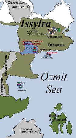 Fan art of '"`UNIQ--nowiki-00000001-QINU`"'a speculative map of Issylra and Marquet, with the Sunderpeak Mountains shaded blue-grey and outlined in dark red, by '"`UNIQ--nowiki-00000002-QINU`"'.'"`UNIQ--ref-00000004-QINU`"' (Note that some locations, such as  and , are uncertain