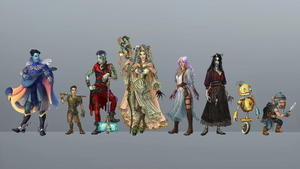 Official art of of the characters of Campaign Three (fan edit), by Hannah Friederichs. Fan edit of the original lineup replacing Bertrand Bell by Chetney Pock O'Pea..[art 60]