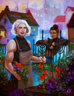 Fan art of '"`UNIQ--nowiki-0000000C-QINU`"'Yasha and Beau in their garden, by '"`UNIQ--nowiki-0000000D-QINU`"'