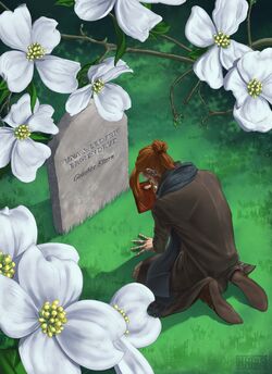 Fan art of '"`UNIQ--nowiki-0000003B-QINU`"'Caleb at his parents' graves, by '"`UNIQ--nowiki-0000003C-QINU`"'