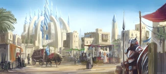 Fan art of '"`UNIQ--nowiki-00000010-QINU`"'the streets of Ank'Harel, with the Cerulean Palace in the background, by '"`UNIQ--nowiki-00000011-QINU`"'