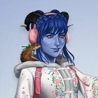 The official art of Jester and Sprinkle. Jester is a blue tiefling woman with purple eyes and blue hair, which is braided in front of her horns. She is wearing pink earmuff and an floral embroidered winter coat. The pink straps of her haversack are visible. Sprinkle is a crimson coloured weasel with a green ribbon tied in a bow around his neck. He is perched on Jesters right shoulder.