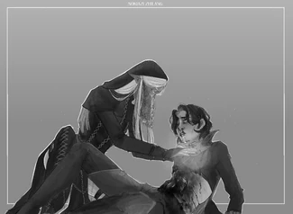 Fan art of '"`UNIQ--nowiki-0000002D-QINU`"'Vaelus touching Occtis chest. There is no heartbeat, by '"`UNIQ--nowiki-0000002E-QINU`"'