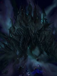 Fan art of '"`UNIQ--nowiki-0000000C-QINU`"'the Mighty Nein facing Cognouza in the Astral Sea, by '"`UNIQ--nowiki-0000000D-QINU`"'