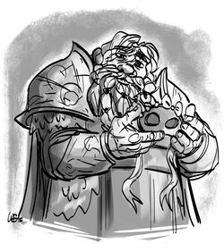Fan art of '"`UNIQ--nowiki-00000016-QINU`"'Thorbir buying a mask for his daughter, by '"`UNIQ--nowiki-00000017-QINU`"'