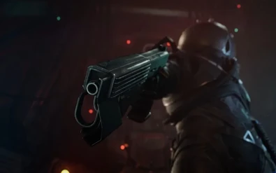 A portrait featuring the handgun Sword MK-1615, being aimed by game protagonist Traveler ND-3576.