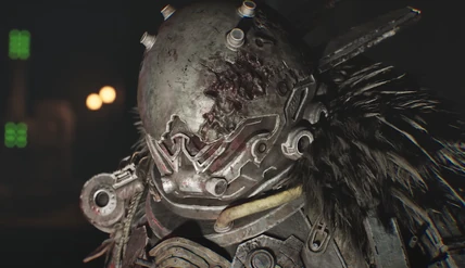 A portrait of The Warden, character in Cronos: The New Dawn, wearing a large, dented helmet and armor.