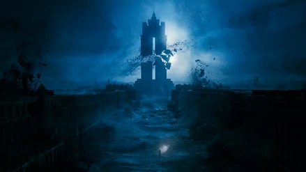 A portrait featuring a tower in the distance, split in half in a hellish landscape, its top suspended in mid-air, seemingly magically.