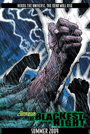 The page depicts three desiccated hands breaking through the ground of a graveyard, one wearing a Black Lantern ring. The text reads: "Across the universe, the dead will rise. Green Lantern: The Blackest Night. Summer 2009"