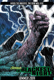 The page depicts three desiccated hands breaking through the ground of a graveyard, one wearing a Black Lantern ring. The text reads: "Across the universe, the dead will rise. Green Lantern: The Blackest Night