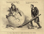 An editorial cartoon of Andrew Johnson and , 1865, entitled "The Rail Splitter at Work Repairing the Union". The caption reads: (Johnson): "Take it quietly Uncle Abe and I will draw it closer than ever." (Lincoln): "A few more stitches Andy and the good old Union will be mended