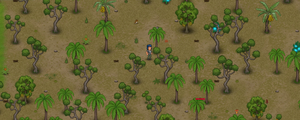 screenshot of Cryofall Tropical Forest biome showing banana trees, durian trees, pineapple bushes, and other features