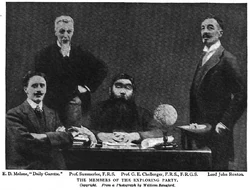 Photograph from the original The Strand run of The Lost World, showing "the explorers". From left to right: Edward Malone (W. H. Ransford), Professor Summerlee (Patrick Forbes), Professor Challenger (Conan Doyle), and Lord Roxton (Forbes).