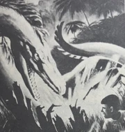 Artwork from Shirai's book depicting a German hunter being attacked by Migo