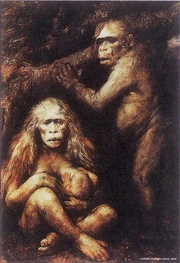 Painting of Ernst Haeckel's theoretical ape-man Pithecanthropus, by Gabriel Max.