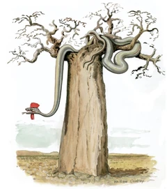 Illustration of a crowing crested cobra by  in  (2009).