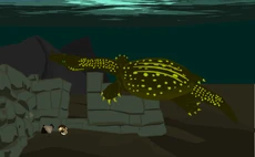 Illustration of the sachamama as a giant long-necked turtle by AmazingAncientWorld on the Cryptid Wiki.