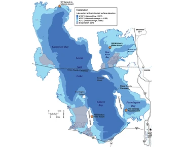 Map of Great Salt Lake, including a comparison of levels during its historic high (1986) and historic low (2022). The map includes markers for the four most prominent monster sightings in the lake. Each area where monsters have been sighted is now dry lakebed or marshland. Without intervention, most if not all of the lake will be gone over the next decade.