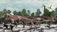 Illustration by Brian Choo depicting a group of Yutyrannus.