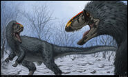 Illustration by Rob Powell depicting a group of Yutyrannus.