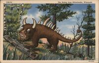 A postcard of a lone Hodag taking a brisk stroll through the woods.