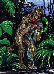 Drawing depicting a waterbobbejan eating a snake, artwork by an unknown artist.