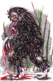 The Wendigo is portrayed while performing its most gruesome behavior--as a cannibal.