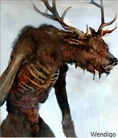 This picture shows a creature with the head of a deer with a man-like body, uniform with one version of the cryptozoological Wendigo.