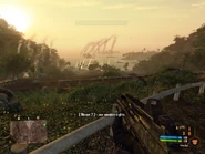 a Korean People's Navy cruiser in the distance from the beach being Seashore Airstrike bombarded by US Air Force F36C.