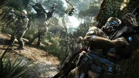 A remnant of the U.S. Marines, wearing a Nanosuit 2.0b, hiding from a C.E.L.L. patrol