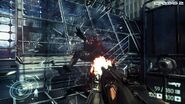 Alcatraz shoots a C.E.L.L. Operative, sending him crashing into the solar panels behind him in a pre-release screenshot.