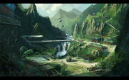 Early concept artartwork of Crysis-military camp concept distant view.