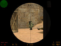 A Counter-Terrorist operative is aiming at an Arctic Avengers member with a Scout in Dust2.