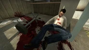 A dead "security guard" in CS:GO can be seen by "noclipping" through the booth a T Spawn. Note: He is wearing refugee clothes from Half-Life 2 instead of a security vest.