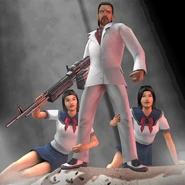 Concept art of Moses standing on a pile of cocaine, wielding an M60 and having high-school girls at his feet.